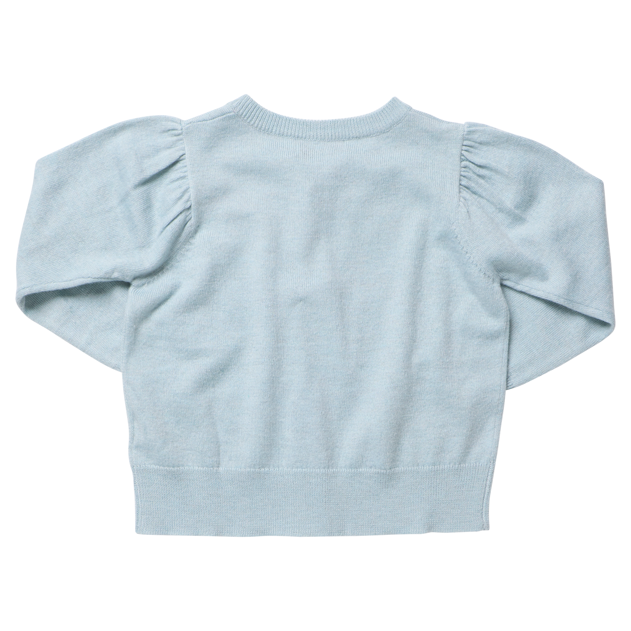 A light blue knit sweater with long puff sleeves and a ribbed crew neck, cuffs, and hem, shown from the back on a white background.