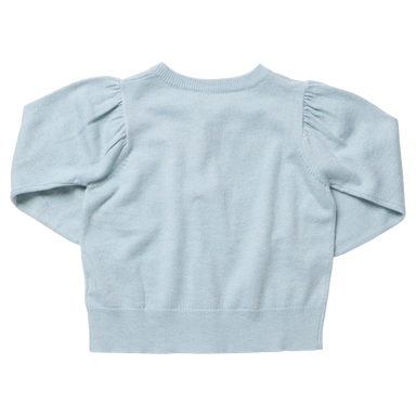 A light blue knit sweater with long puff sleeves and a ribbed crew neck, cuffs, and hem, shown from the back on a white background.