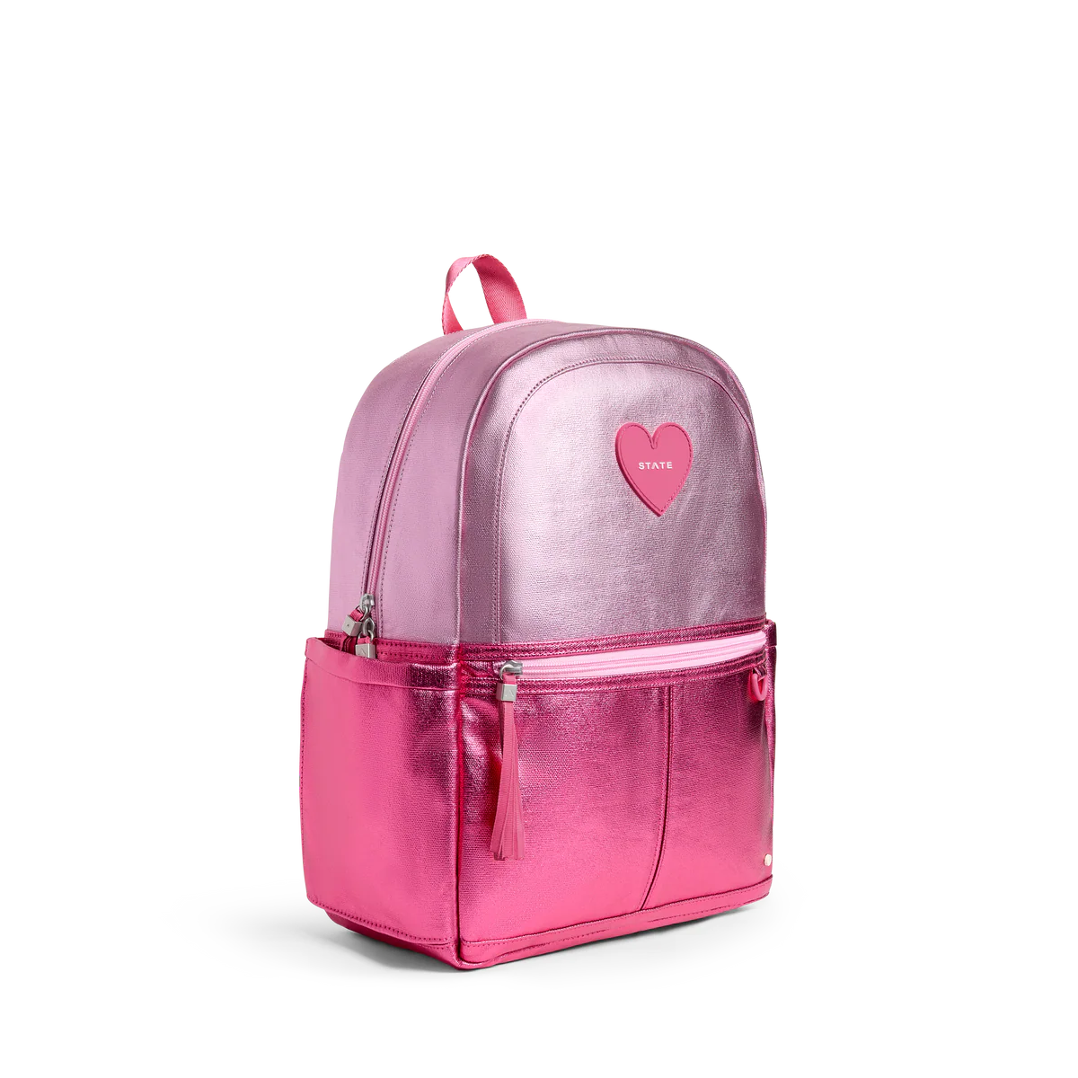 Sideview of Metallic Pink Colorblock Kane Backpack