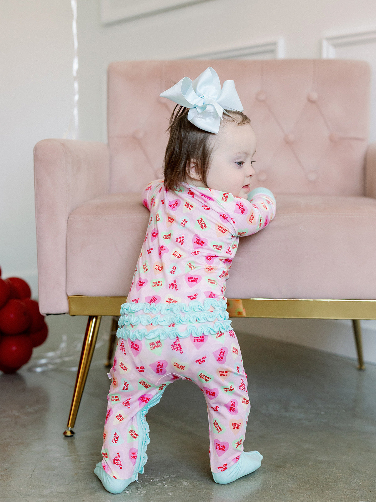 Zippered Ruffle Romper - Pink Convo Hearts