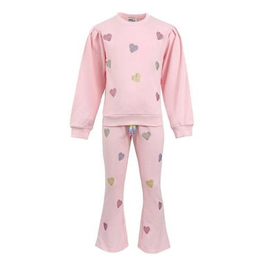 A two-piece girls' sweatsuitt in light pink, featuring a long-sleeve top and matching flared pants. The set is decorated with scattered pastel glitter hearts in pink, purple, and gold, and has a small rainbow-colored drawstring at the waist.