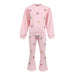 A two-piece girls' sweatsuitt in light pink, featuring a long-sleeve top and matching flared pants. The set is decorated with scattered pastel glitter hearts in pink, purple, and gold, and has a small rainbow-colored drawstring at the waist.