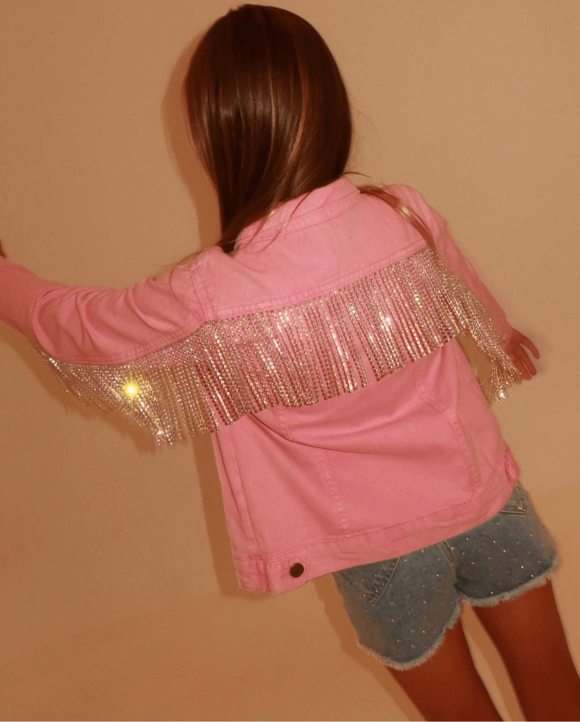 Denim Jacket - Pink Crystal Tassel