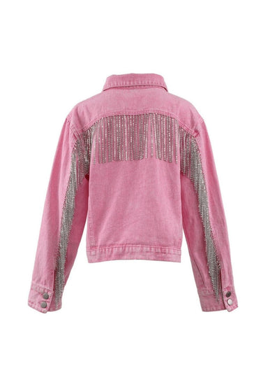 Pink denim jacket with silver fringe details on a white background
