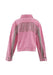 Pink denim jacket with silver fringe details on a white background