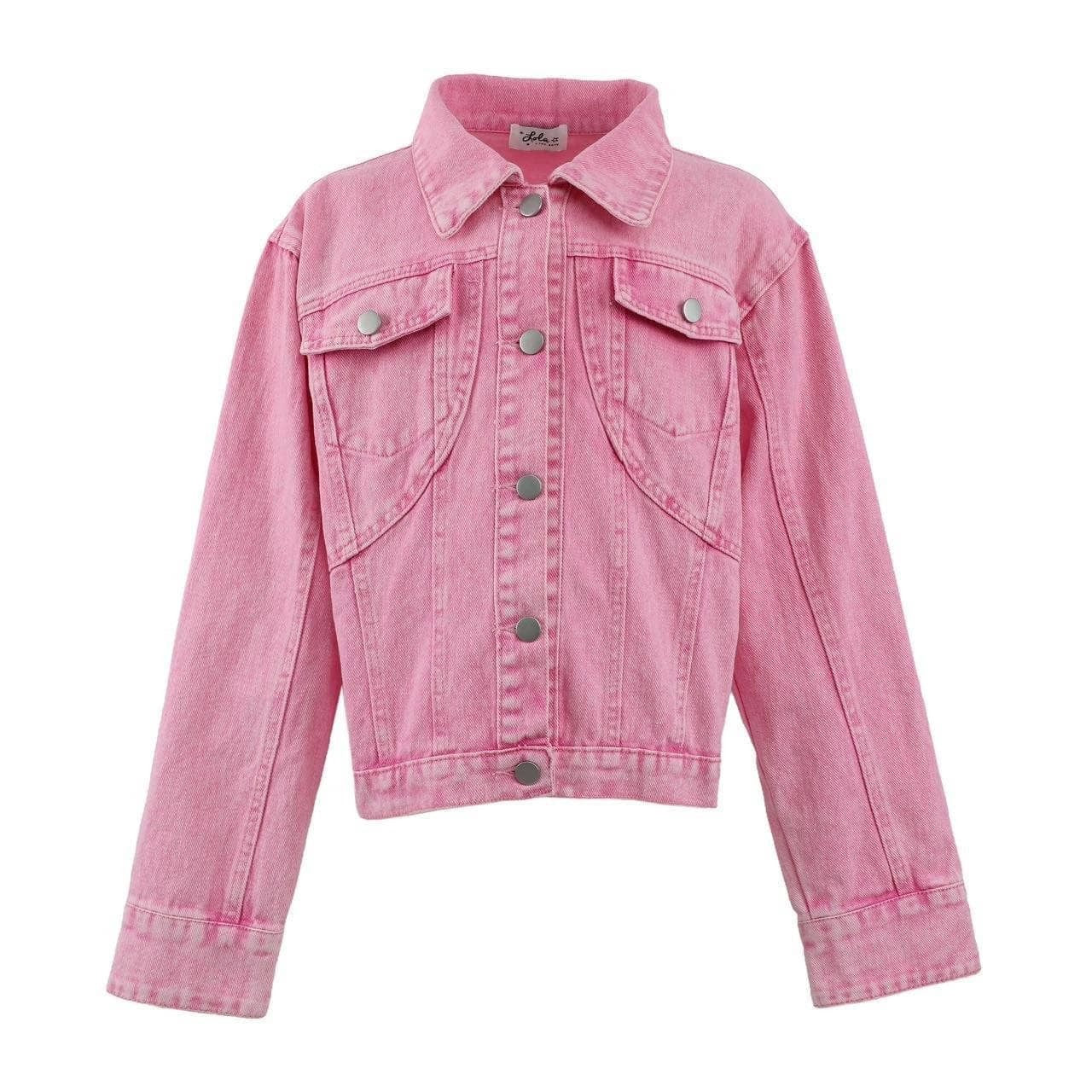 A pink denim jacket with a button-up front, two chest flap pockets, and silver-toned buttons, shown against a plain white background.