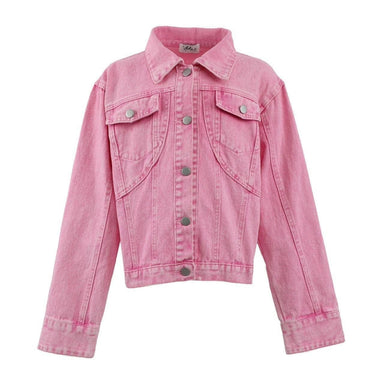 A pink denim jacket with a button-up front, two chest flap pockets, and silver-toned buttons, shown against a plain white background.