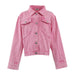 A pink denim jacket with a button-up front, two chest flap pockets, and silver-toned buttons, shown against a plain white background.