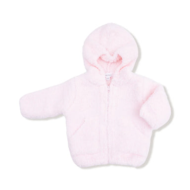 Pink chenille hooded jacket for babies and toddlers by Angel Dear with a full front zip and cozy soft texture for comfortable year round layering