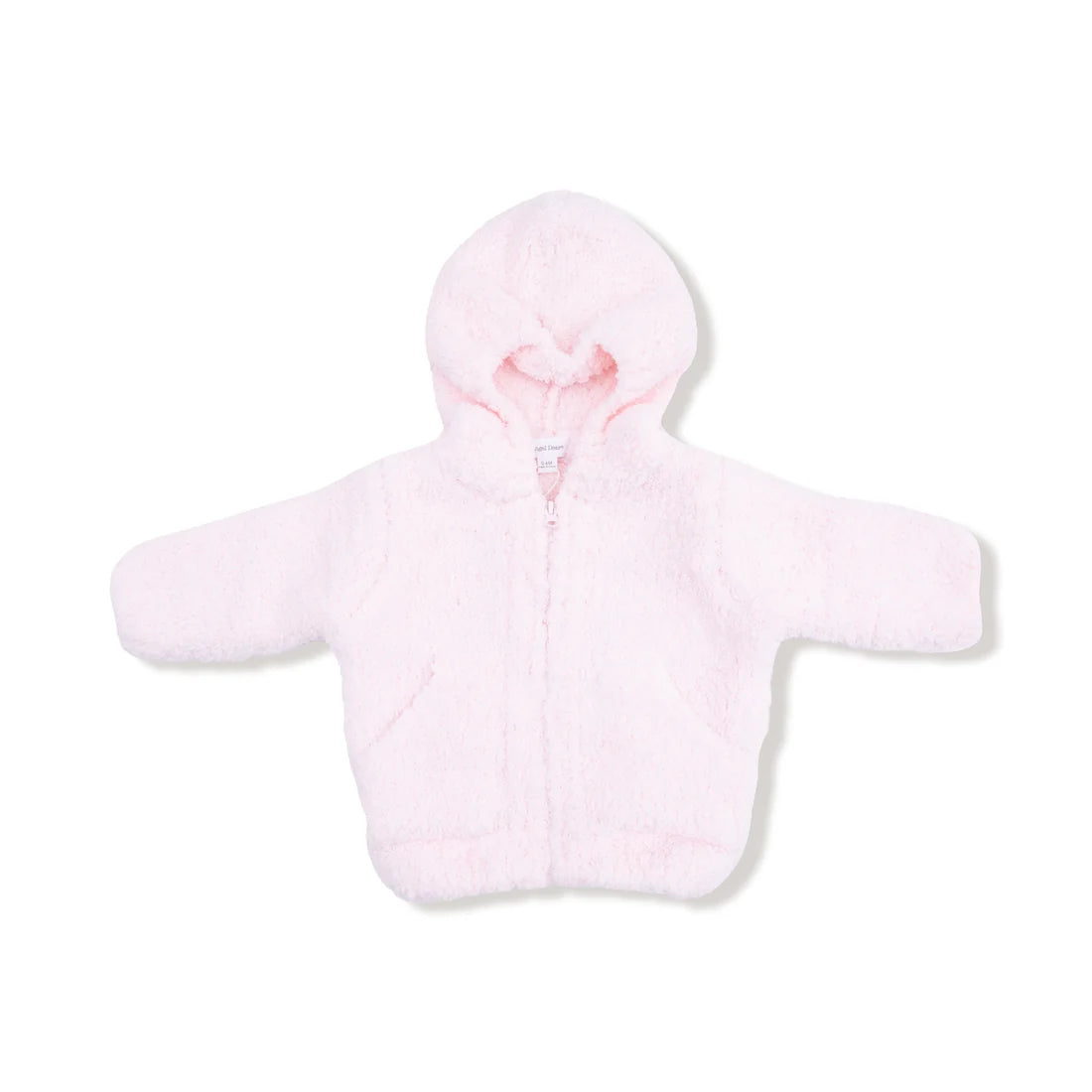 Soft pink chenille hoodie with a cozy hood long sleeves and front zipper displayed flat on a white background from Angel Dear