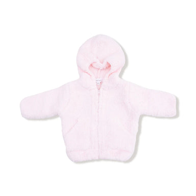 Soft pink chenille hoodie with a cozy hood long sleeves and front zipper displayed flat on a white background from Angel Dear