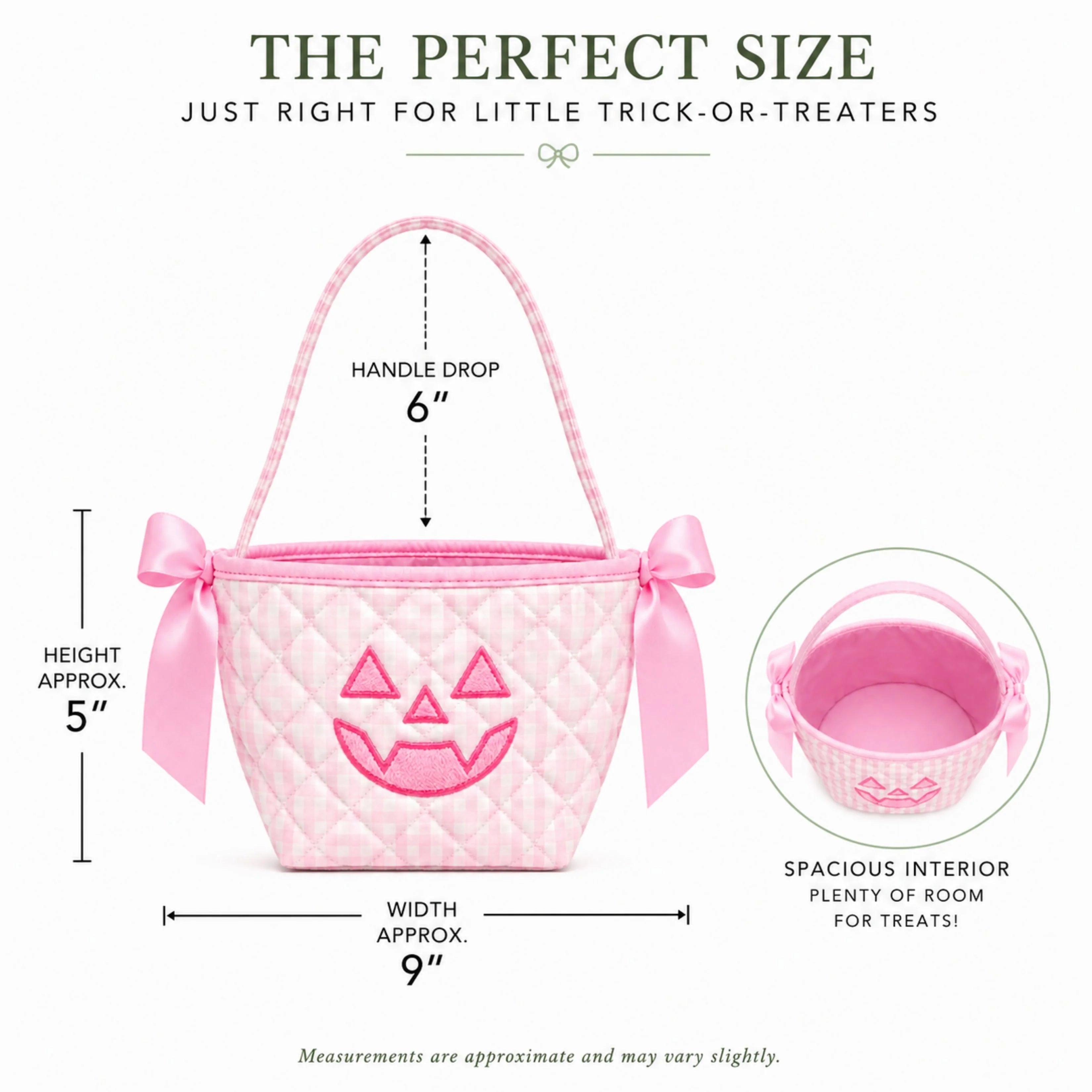 Pink quilted fabric trick or treat basket with a stitched jack-o'-lantern face, pink ribbon bows, and measurement callouts showing width 9 inches, height 5 inches, and handle drop 6 inches on a white background.