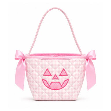 A pink gingham quilted mini bucket bag with a pink satin handle, bow details on the sides, and an embroidered jack-o'-lantern face on the front.