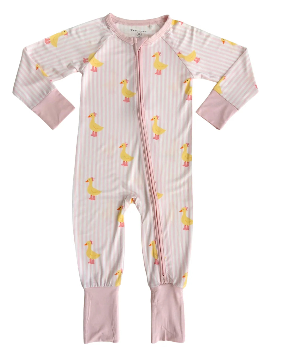 A baby's long-sleeve footed sleeper in light pink and white stripes with a yellow duck print, featuring a pink zipper and pink cuffs.