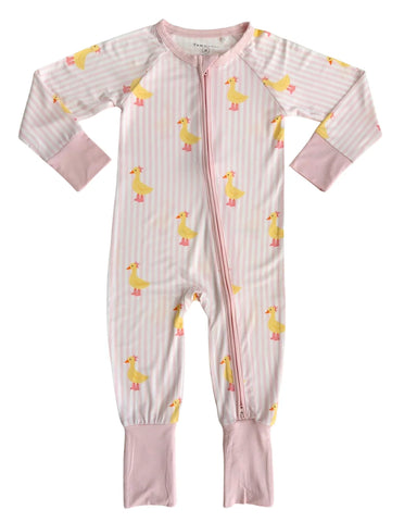 A baby's long-sleeve footed sleeper in light pink and white stripes with a yellow duck print, featuring a pink zipper and pink cuffs.