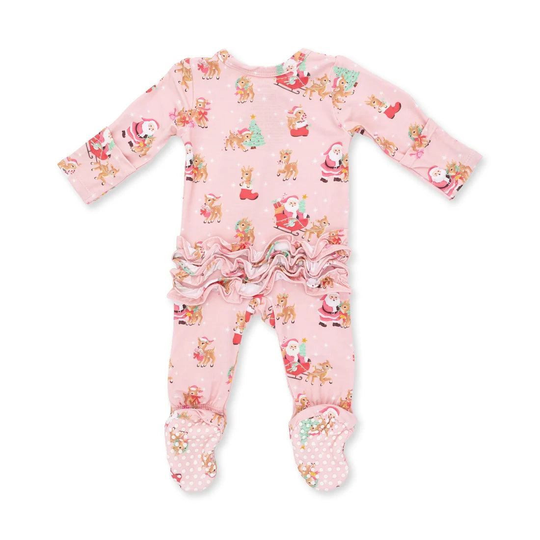 A pink footed baby sleeper with a ruffled back, decorated with a festive Christmas print featuring Santa Claus, reindeer, and snowflakes.
