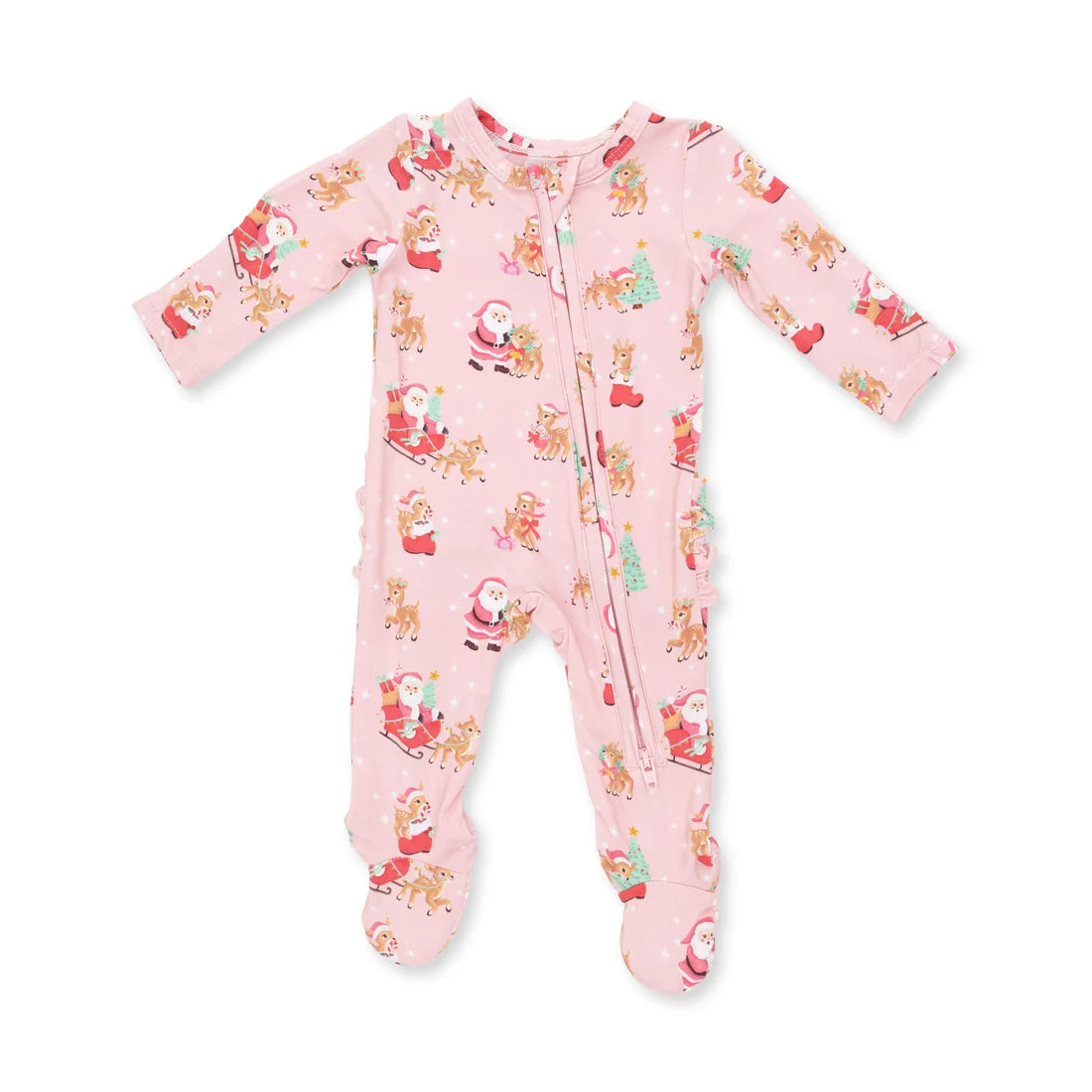 A pink footed baby sleeper with a front zipper, decorated with a festive Christmas print featuring Santa Claus, reindeer, and snowflakes.