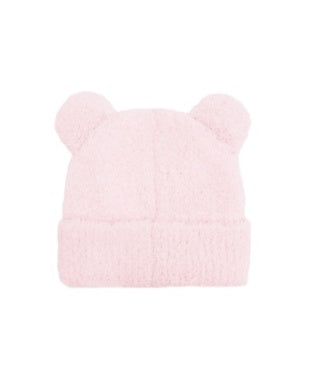 A light pink fuzzy beanie hat with two small bear ears on top, shown against a plain white background.