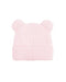 A light pink fuzzy beanie hat with two small bear ears on top, shown against a plain white background.
