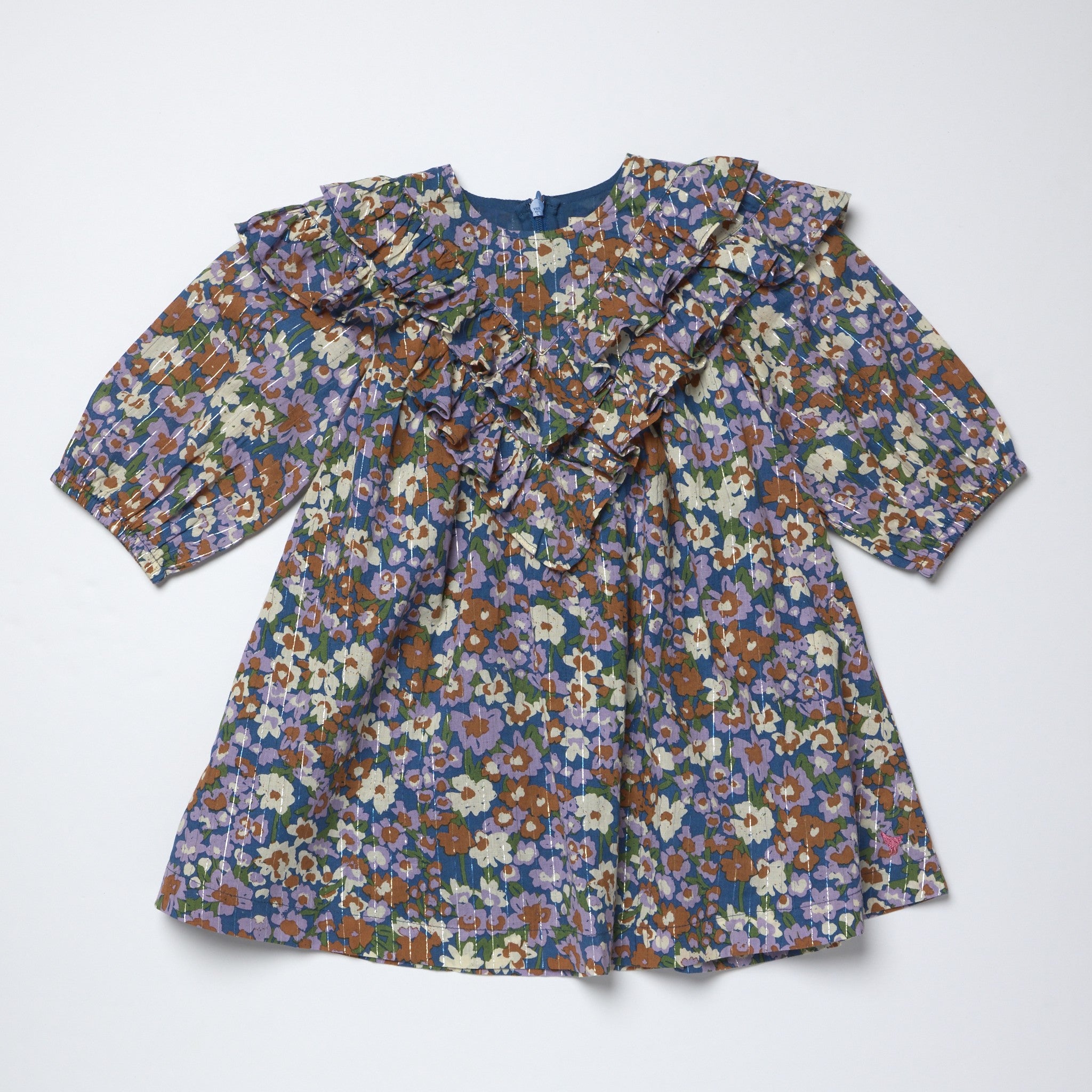 Pink Chicken blue floral girls dress with a ruffled collar long sleeves and a gathered skirt shown flat against a light background