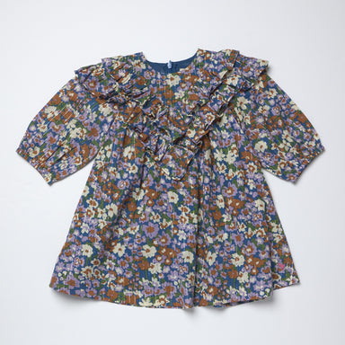 Pink Chicken blue floral girls dress with a ruffled collar long sleeves and a gathered skirt shown flat against a light background