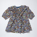 Pink Chicken blue floral girls dress with a ruffled collar long sleeves and a gathered skirt shown flat against a light background