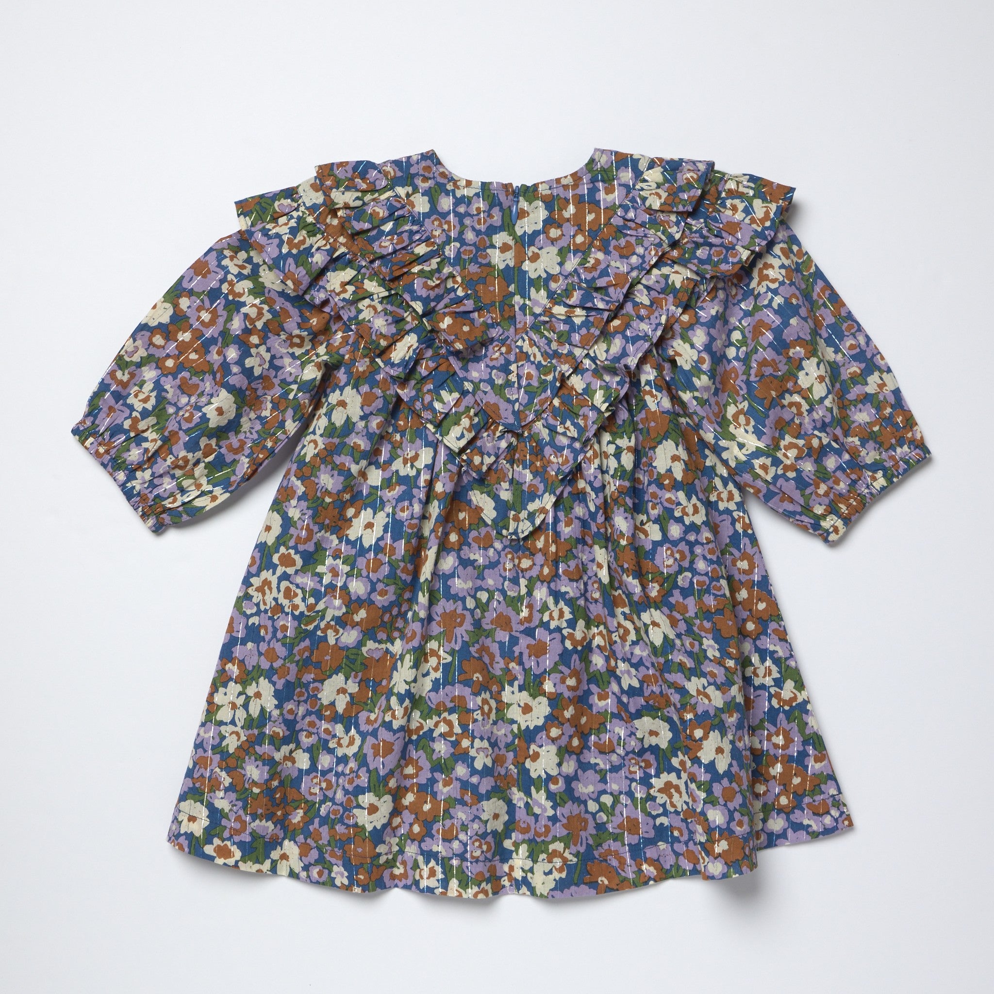 Pink Chicken blue floral girls dress featuring long sleeves layered ruffle collar details and a gently gathered skirt on a white background