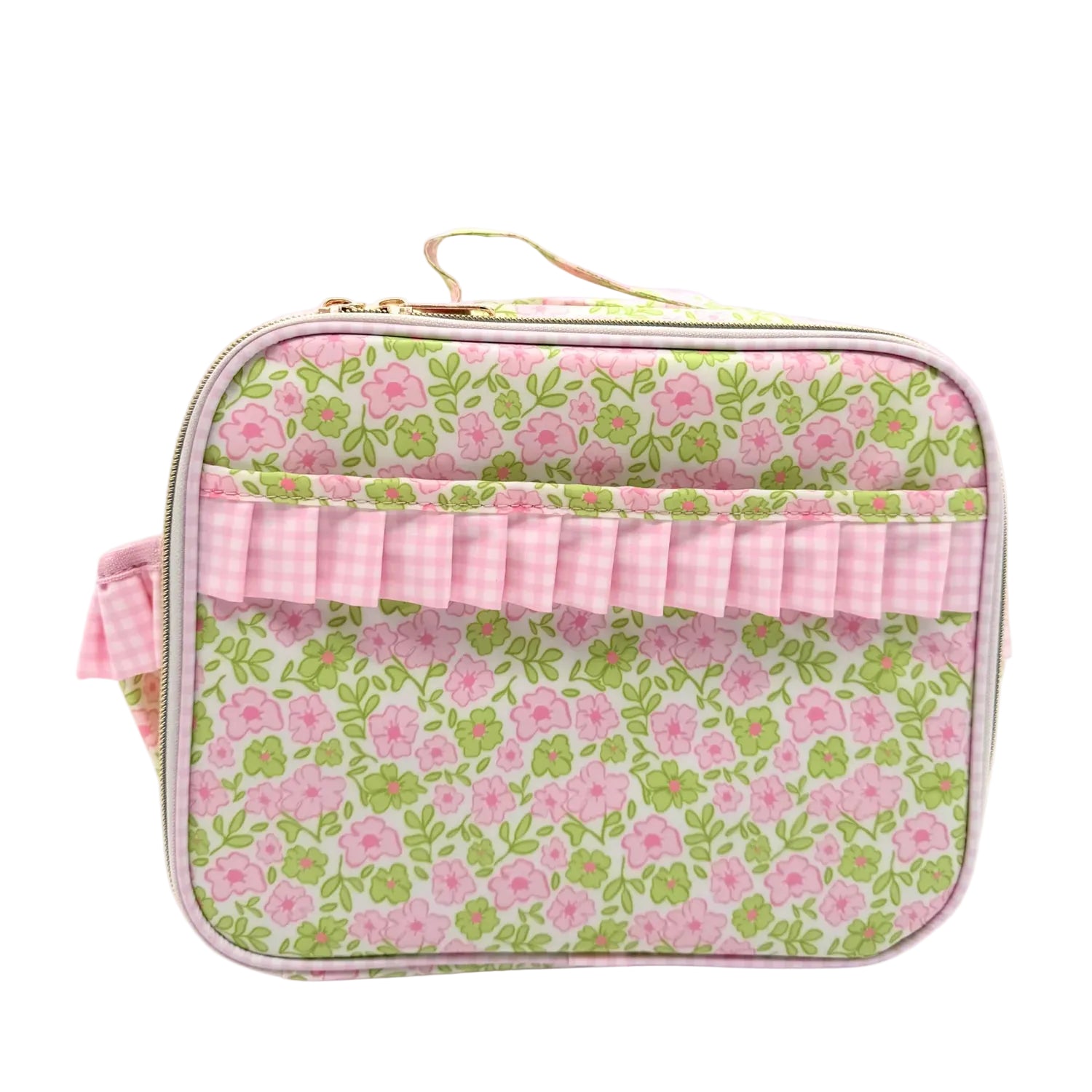 Floral patterned lunchbox with pink ruffle on a pink background