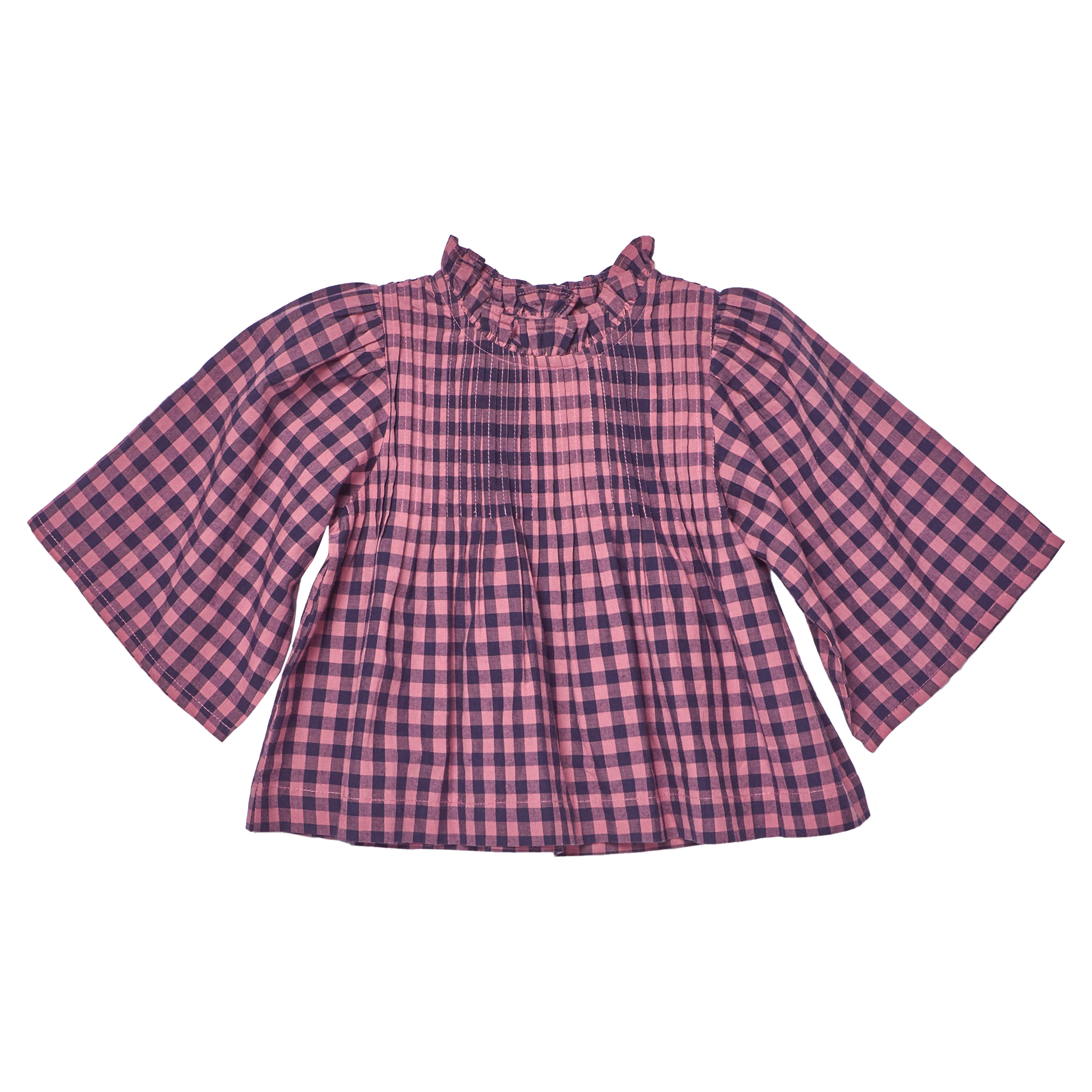 Pink and blue checkered blouse on a white background