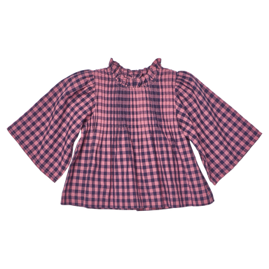 Pink and blue checkered blouse on a white background
