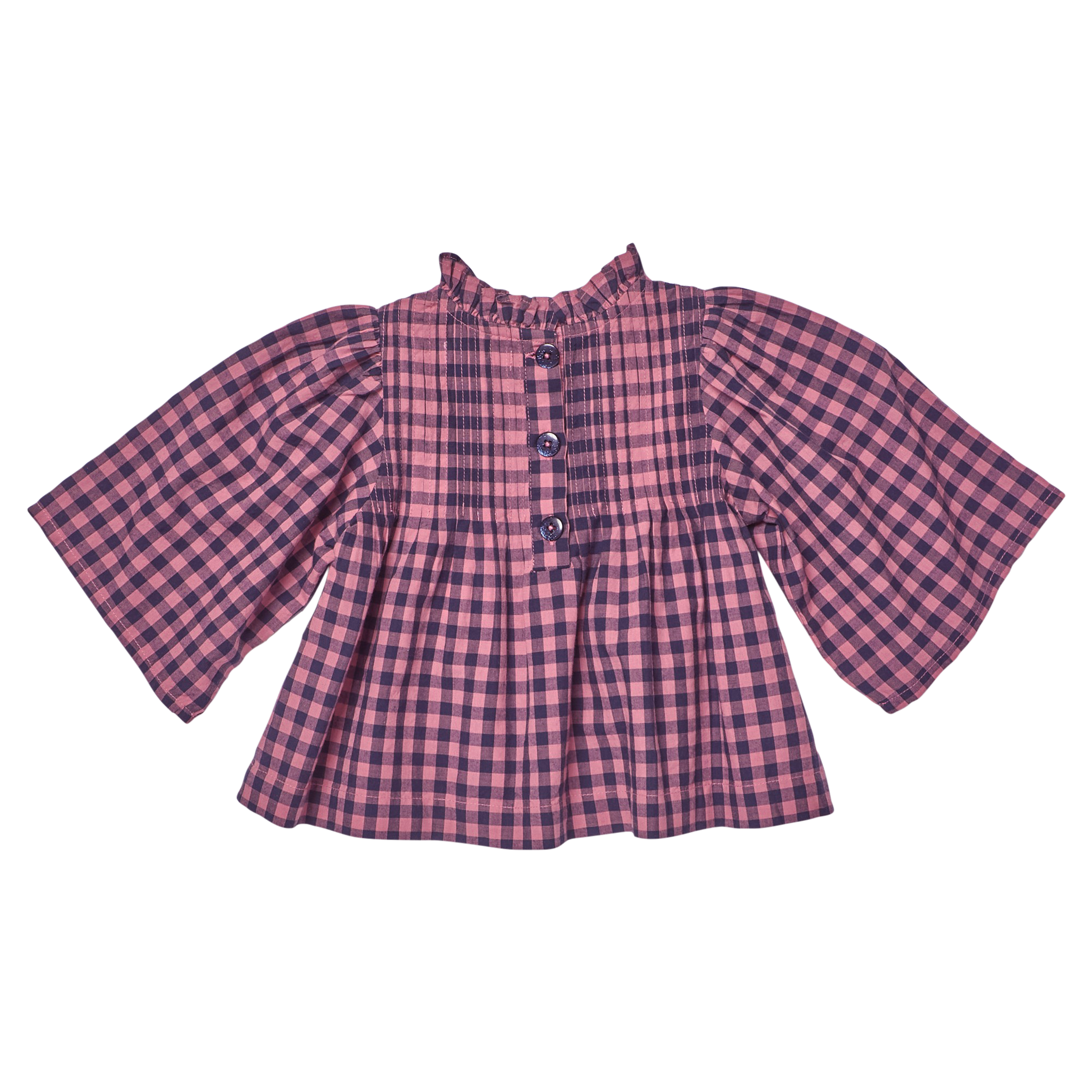 Pink and purple checkered blouse with long sleeves on a white background