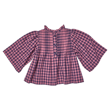 Pink and purple checkered blouse with long sleeves on a white background