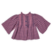 Pink and purple checkered blouse with long sleeves on a white background