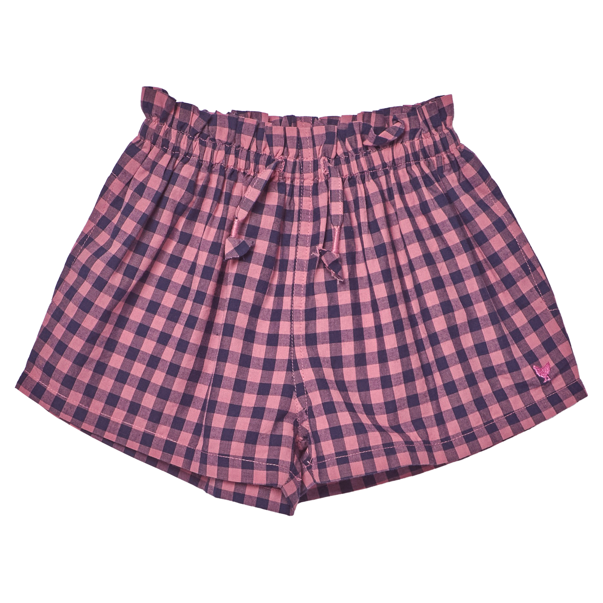 Pink and blue checkered shorts on a white background