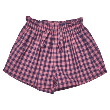 Pink and blue checkered shorts on a white background