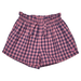 Pink and blue checkered shorts on a white background