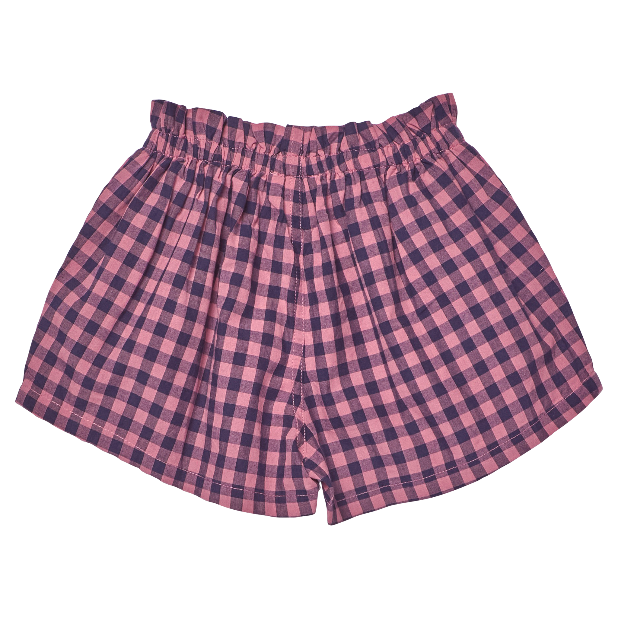 Pink and blue checkered shorts on a white background