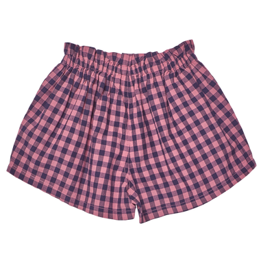 Pink and blue checkered shorts on a white background