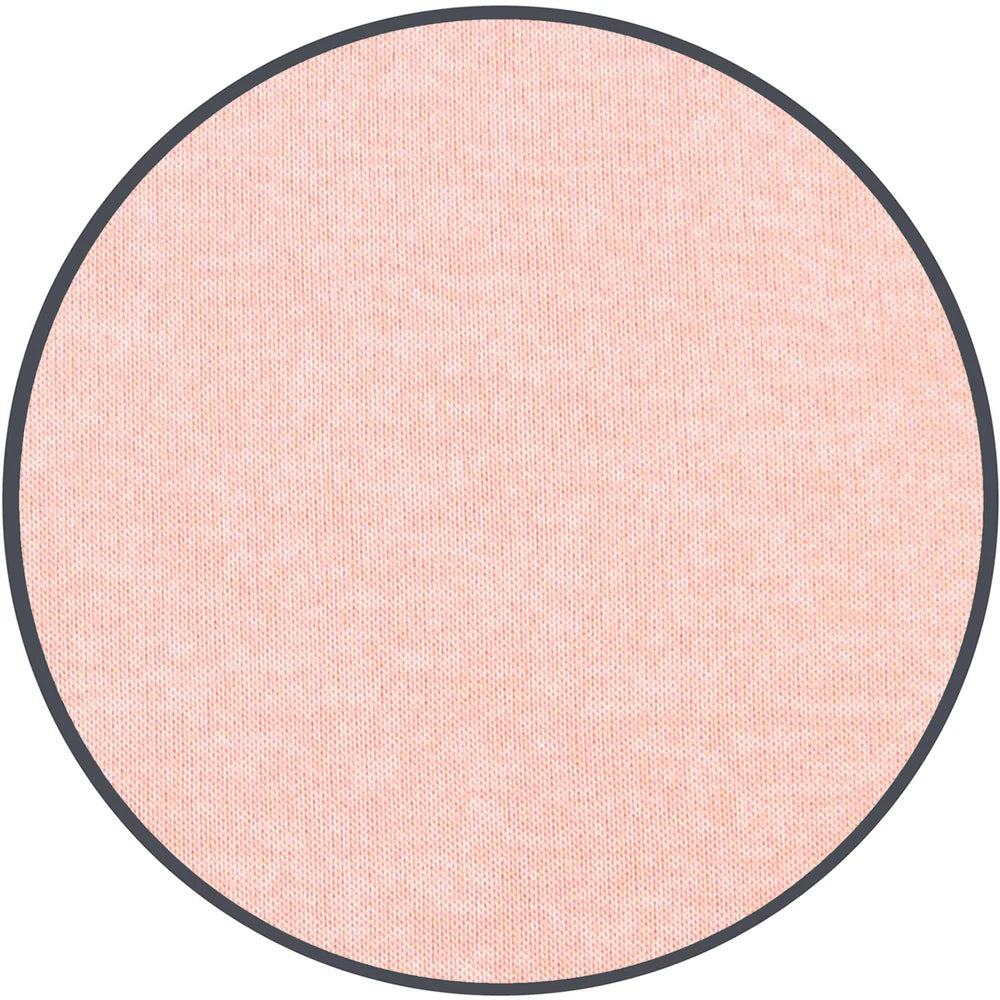 Round pink fabric sample with a black border on a white background