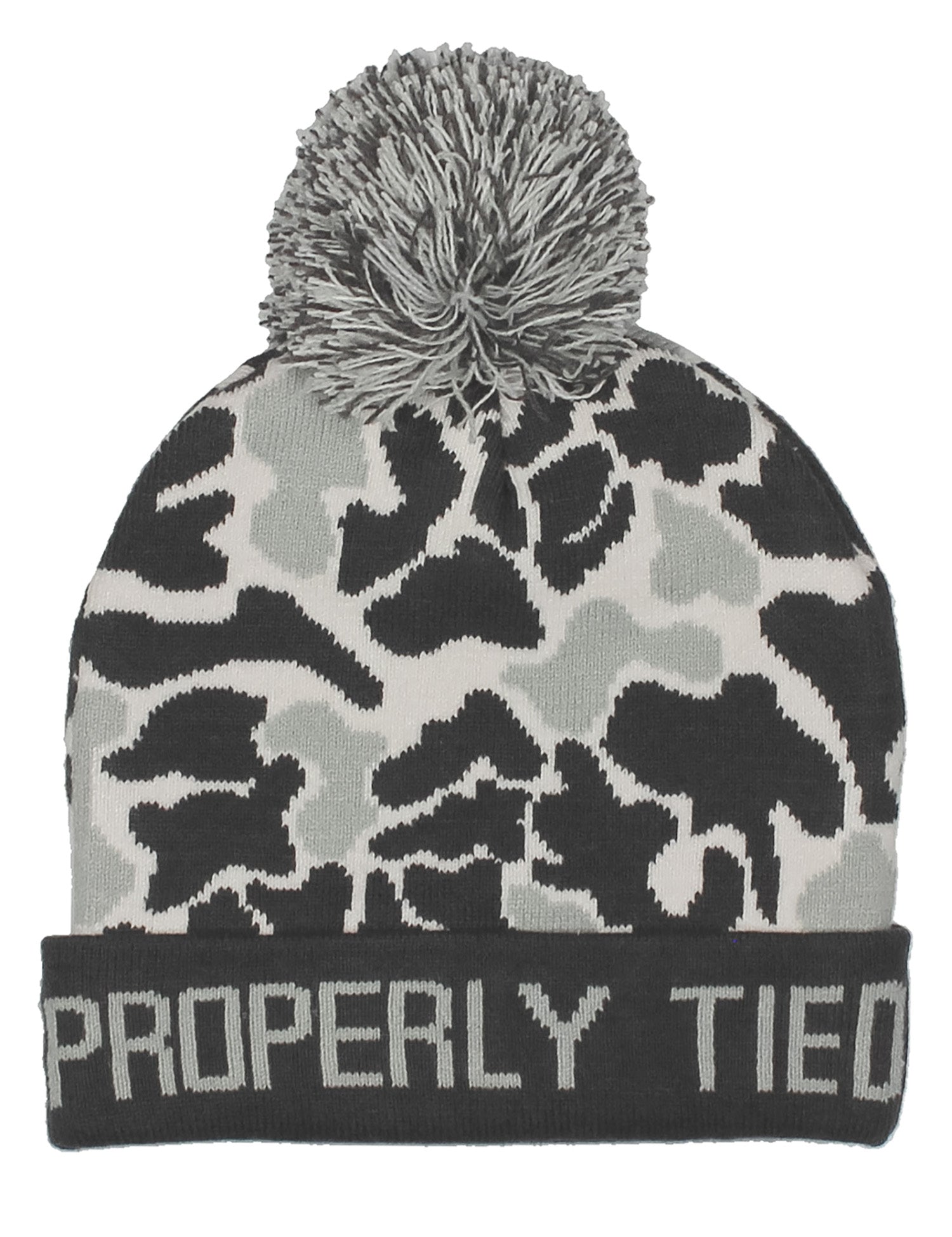 Grey camo beanie on white background