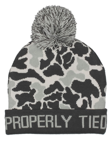 Grey camo beanie on white background