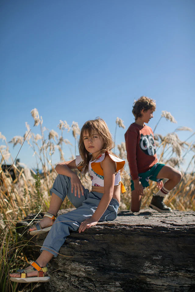 Two children sitting on a rock with tall grass and blue sky in the background