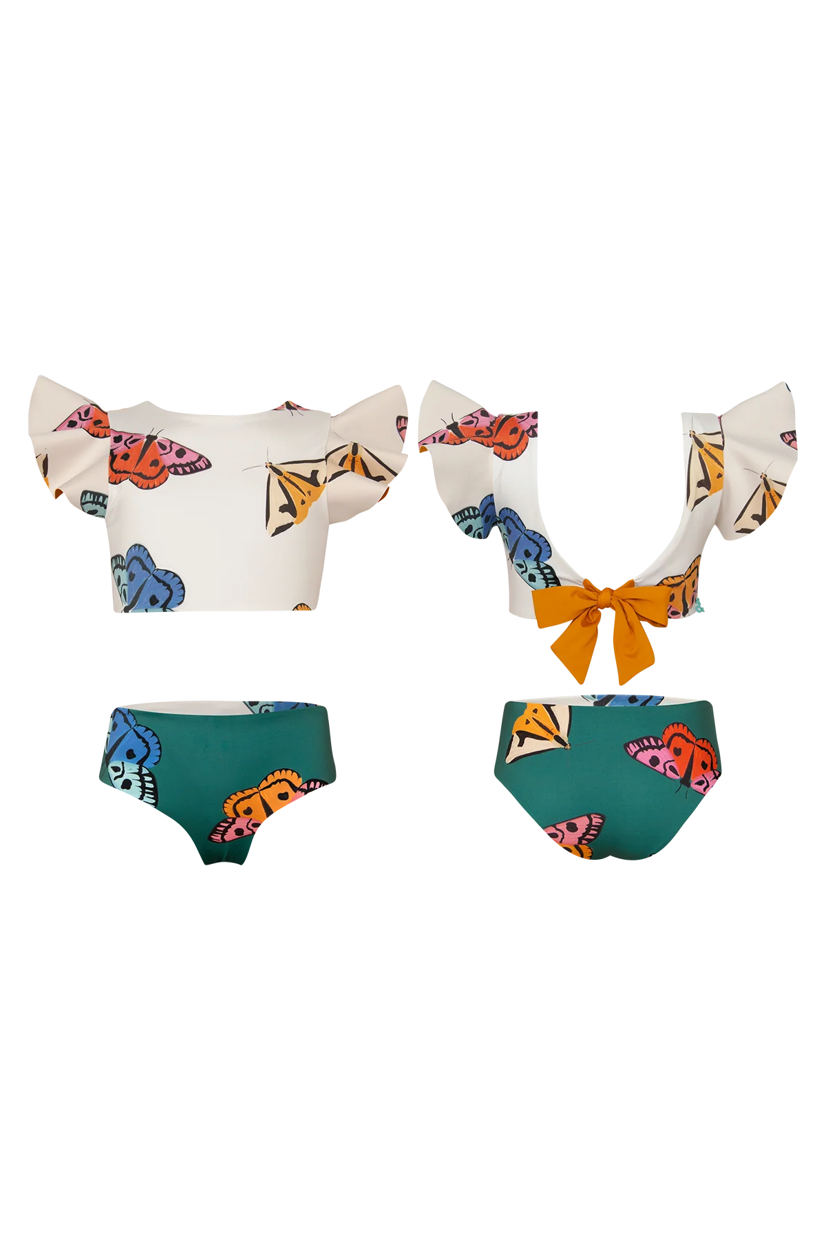Two-piece swimsuit with colorful designs on a white background