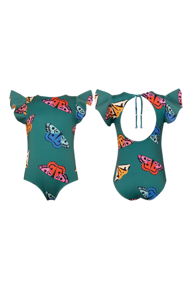  Green swimsuit with colorful butterfly pattern on a white background