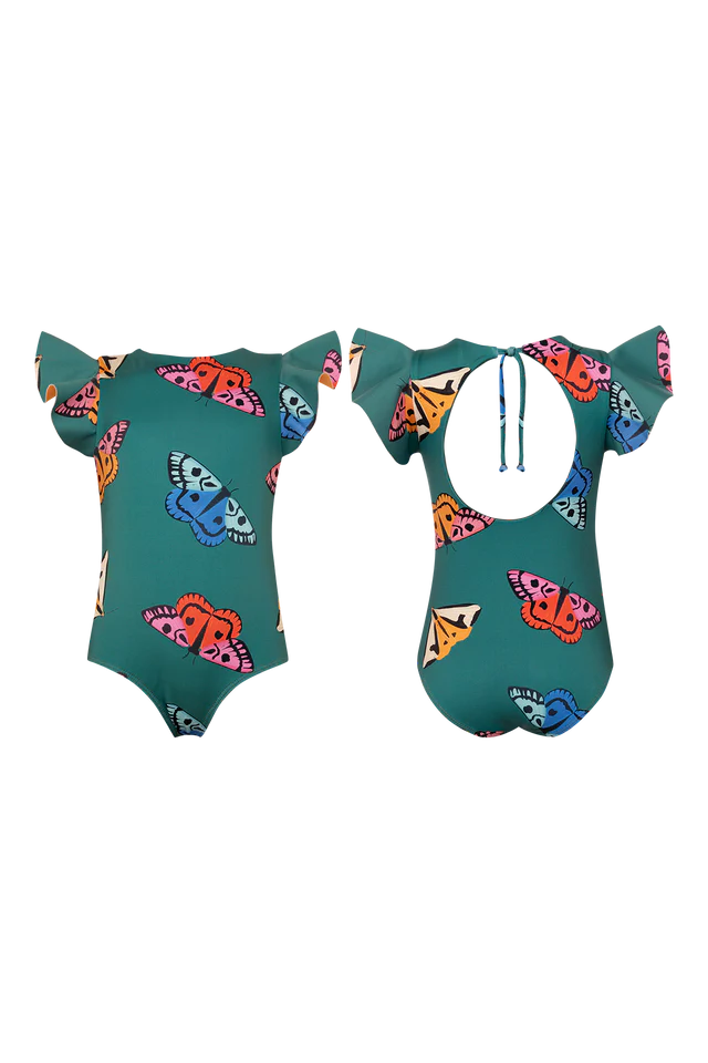  Green swimsuit with colorful butterfly pattern on a white background