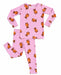 A two-piece children's pajama set featuring a long-sleeve top and matching pants in light pink with a repeating pattern of brown teddy bears holding orange buckets, shown on a plain white background.