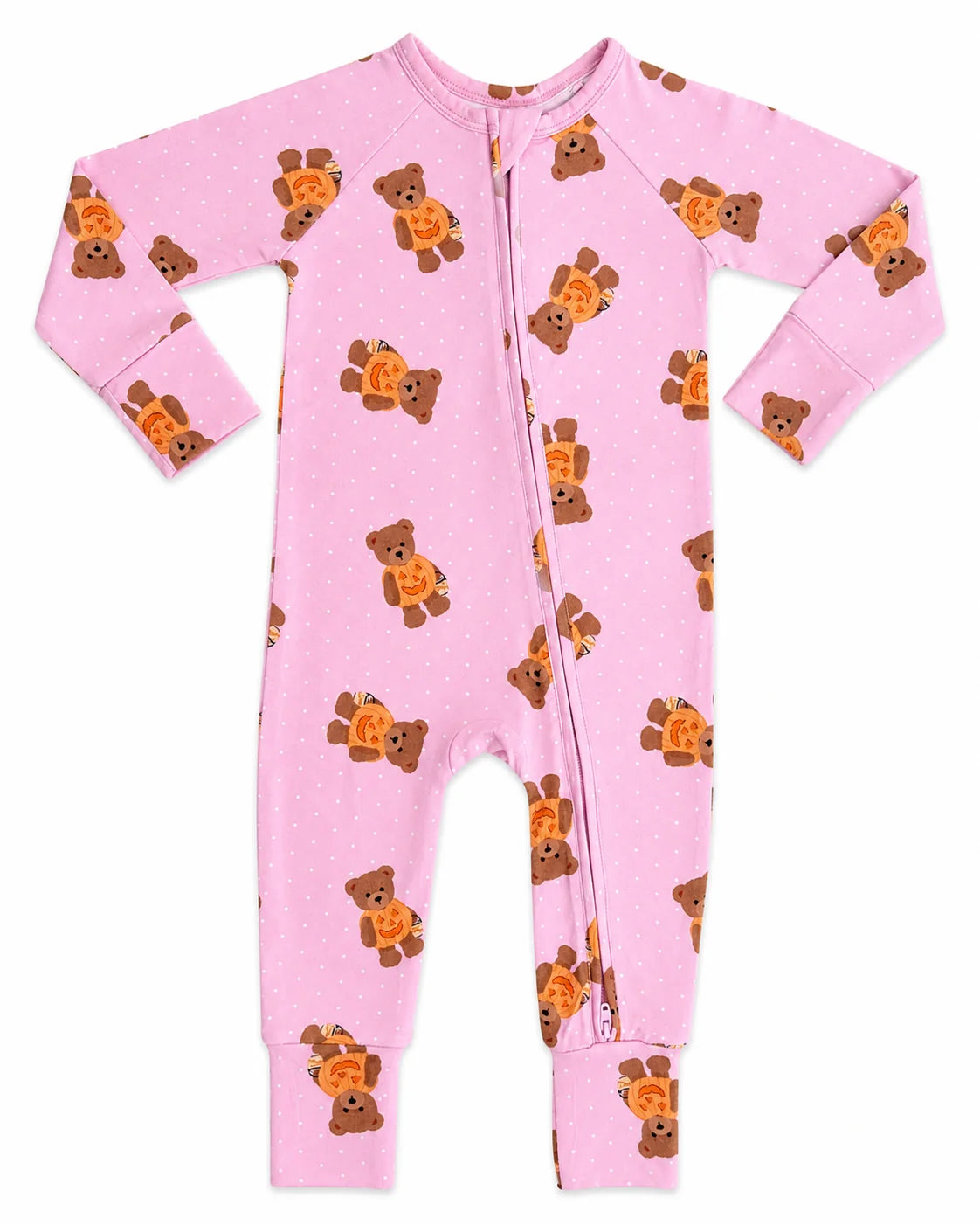 A pink long-sleeve baby footless one-piece sleeper with an allover print of brown teddy bears holding orange pumpkins, shown flat on a white background.