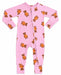 A pink long-sleeve baby footless one-piece sleeper with an allover print of brown teddy bears holding orange pumpkins, shown flat on a white background.