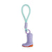 A small novelty keychain or bag charm shaped like a lavender cowboy boot with a mint green loop strap, purple wrap, and orange sole, shown on a plain white background.