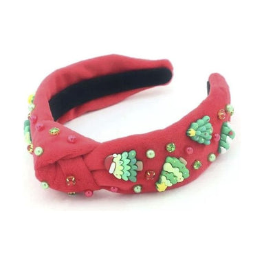 red knotted headband with christmas tree charms and red and green pearls and rhinestones